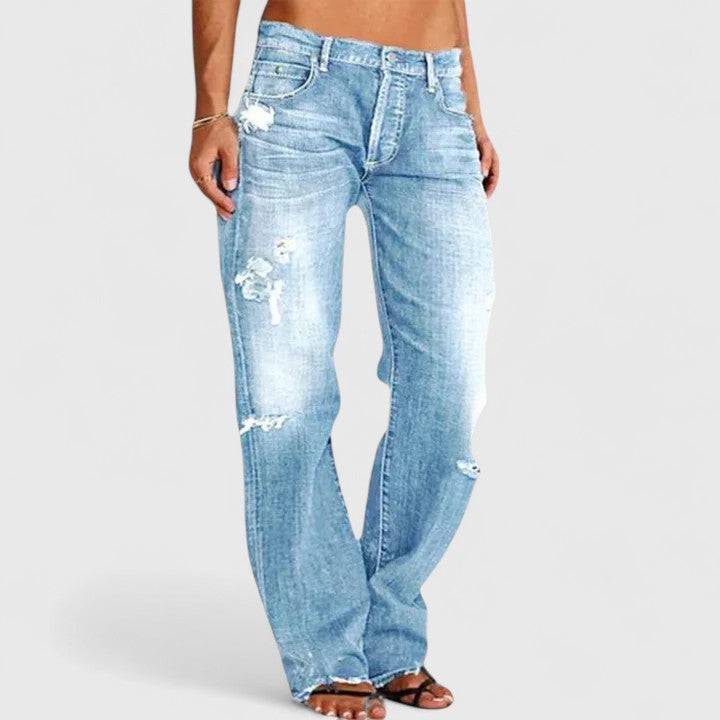 Blue distressed wide-leg jeans, front view