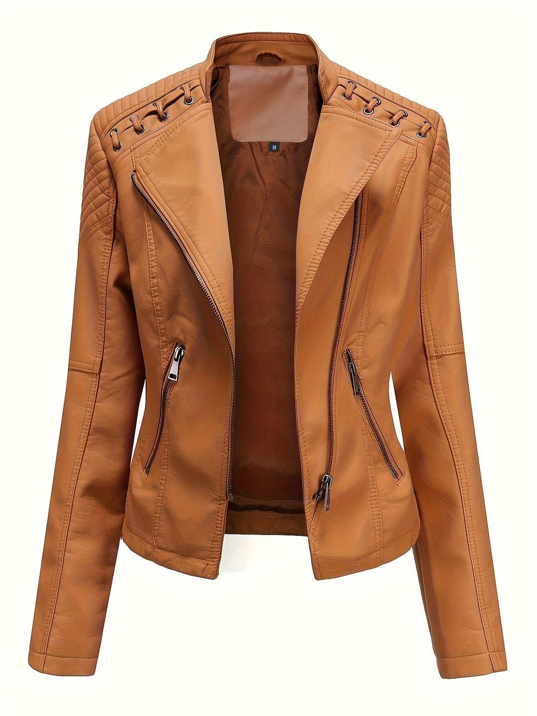 Camel faux leather moto jacket, front view open