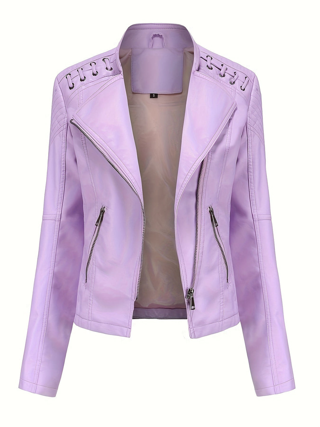 Lavender faux leather moto jacket, front view open