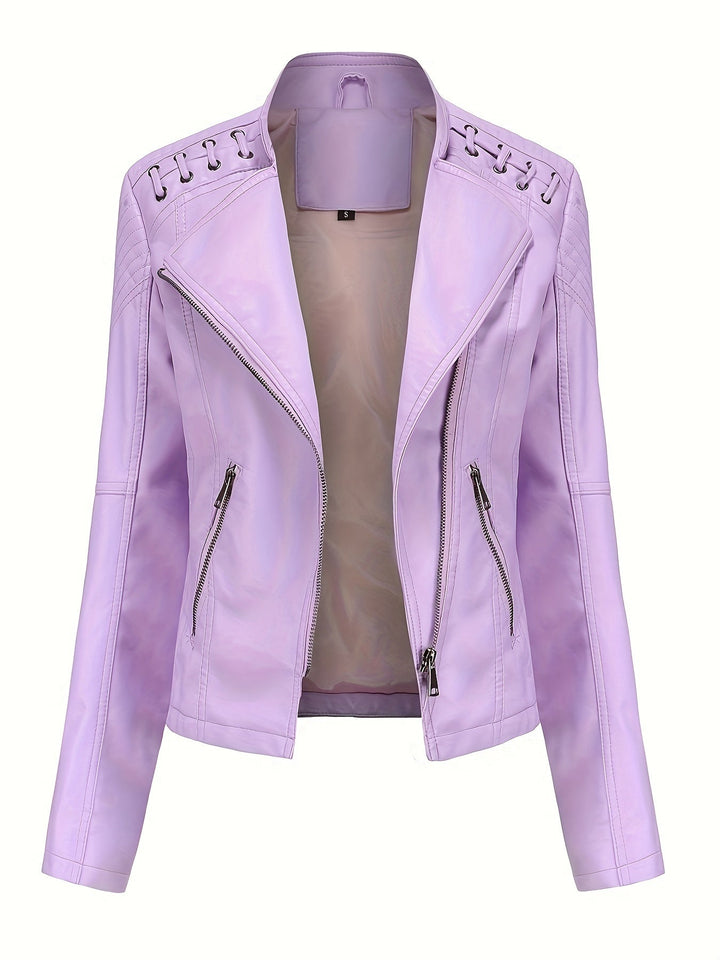 Lavender faux leather moto jacket, front view open