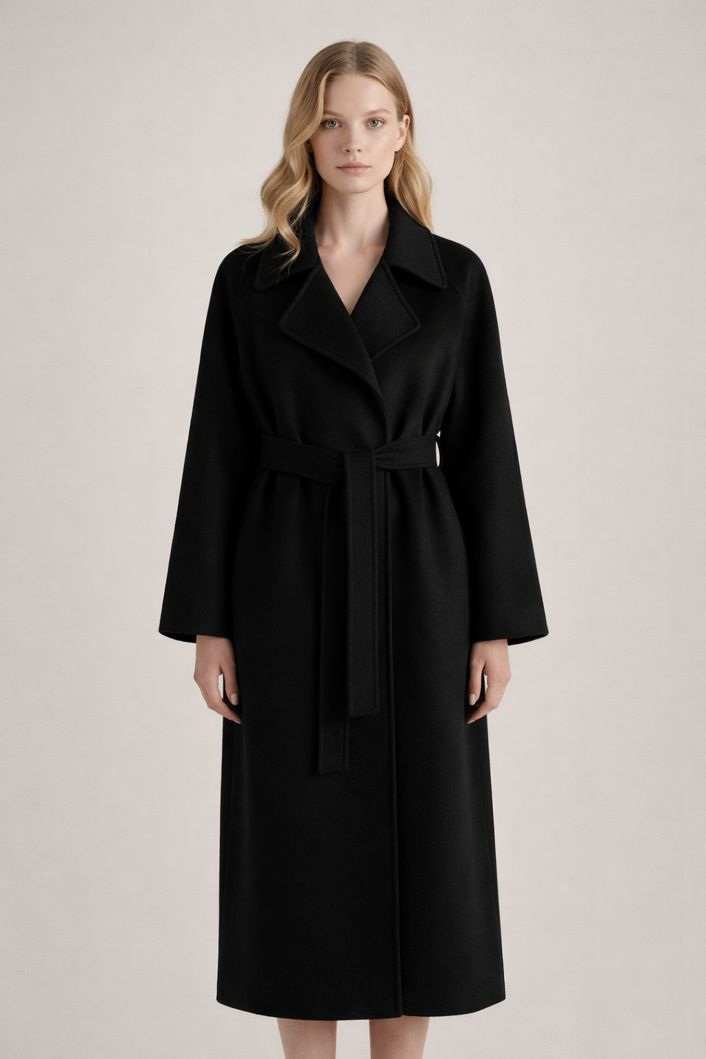 Model wearing black belted wrap coat