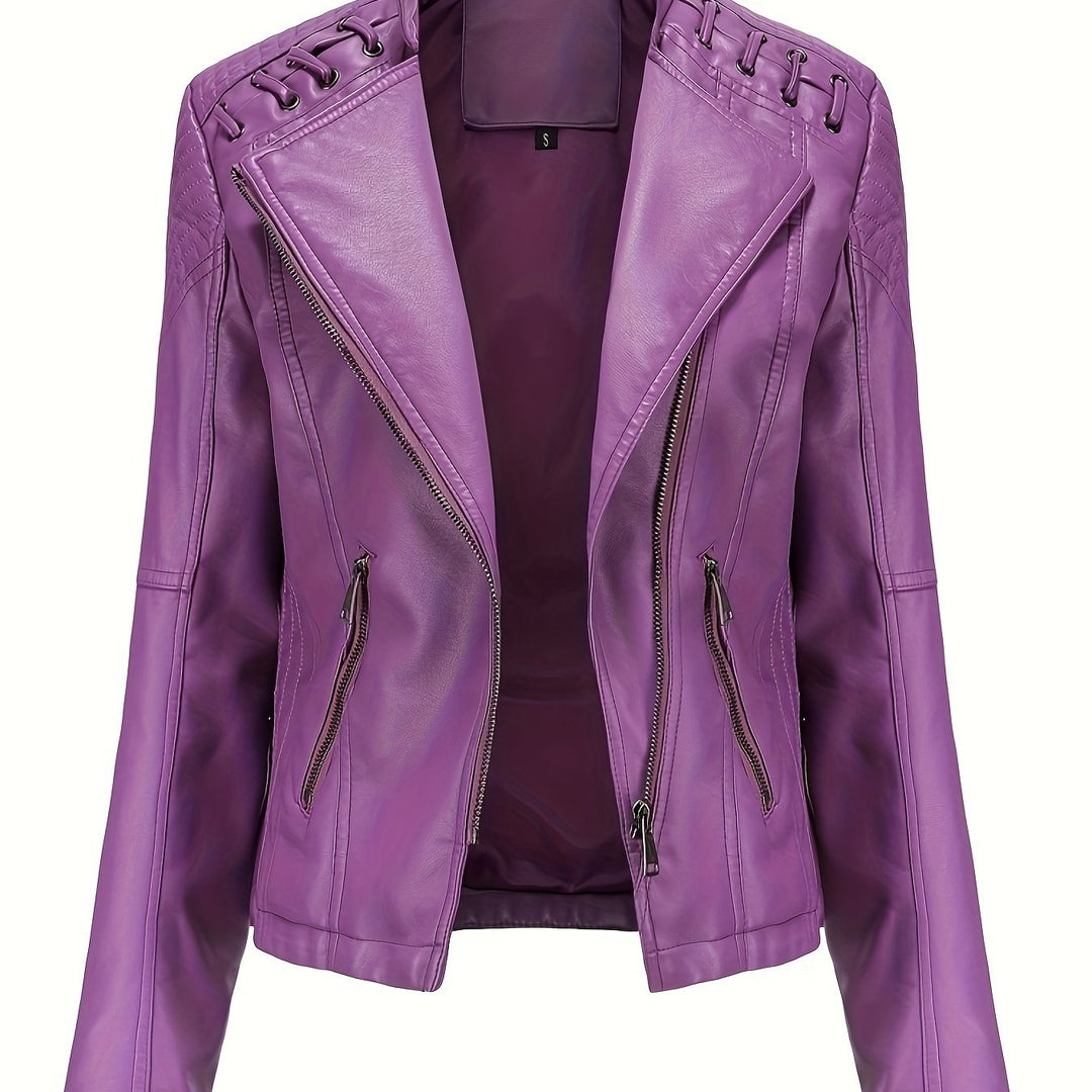 Violet faux leather moto jacket, close up front detail
