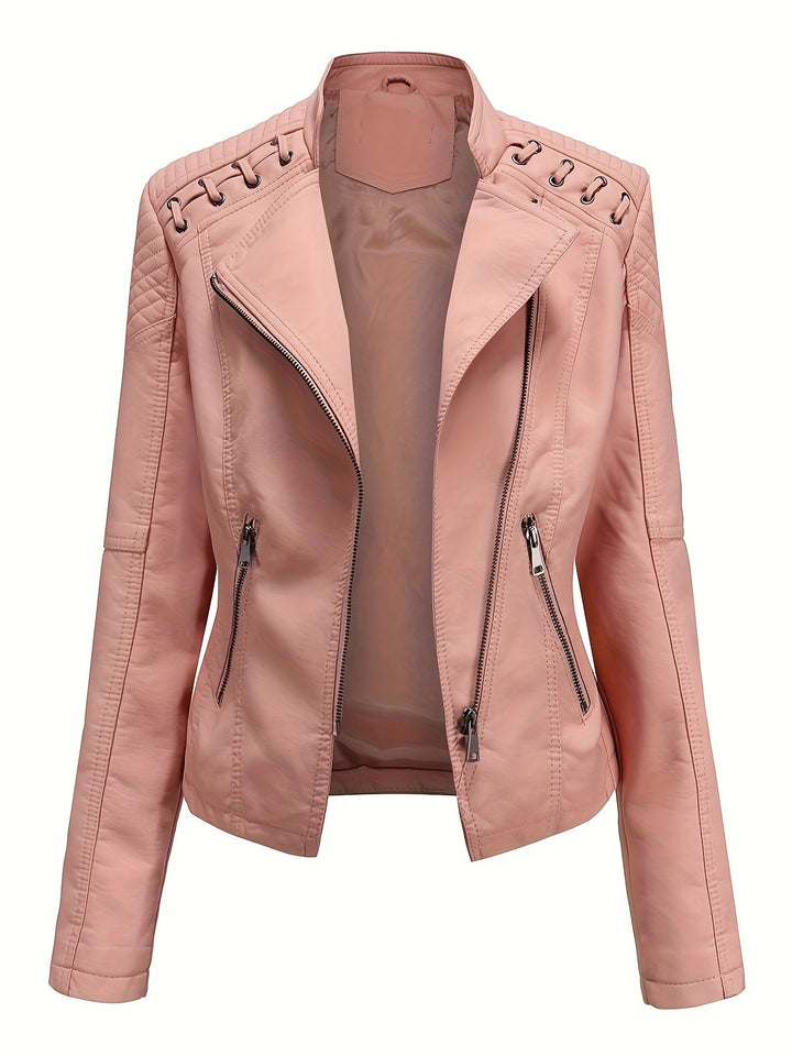 Blush pink faux leather moto jacket, front view open