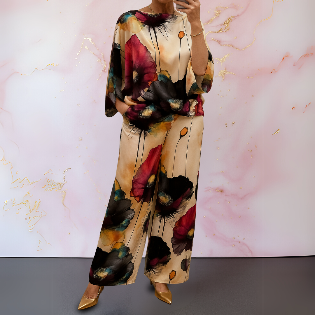 Mandarin cream satin set with maroon and black floral print, wide leg pants