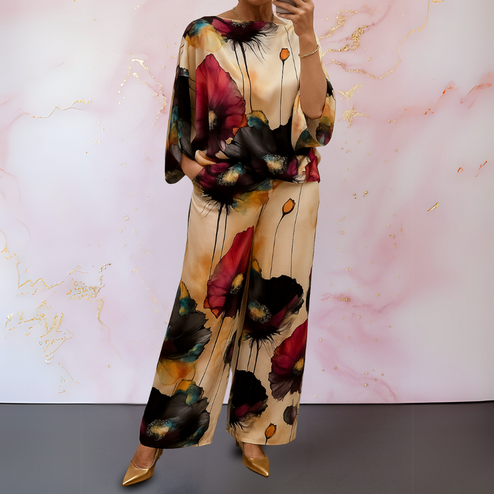 Mandarin cream satin set with maroon and black floral print, wide leg pants