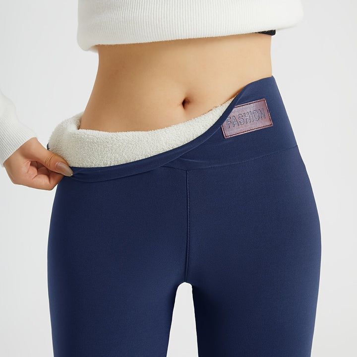 Navy leggings waistband with brushed lining shown