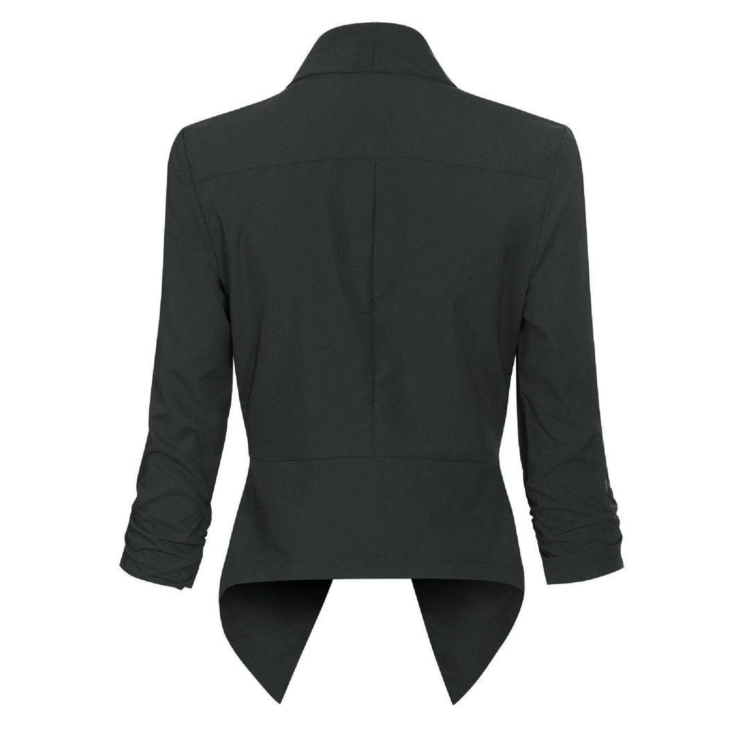 Black open-front blazer, back view showing asymmetric hem