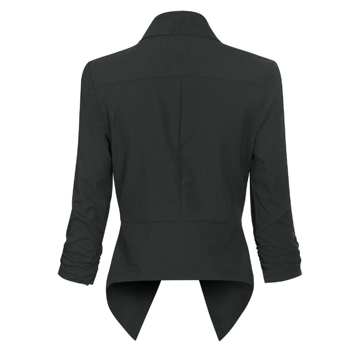 Black open-front blazer, back view showing asymmetric hem