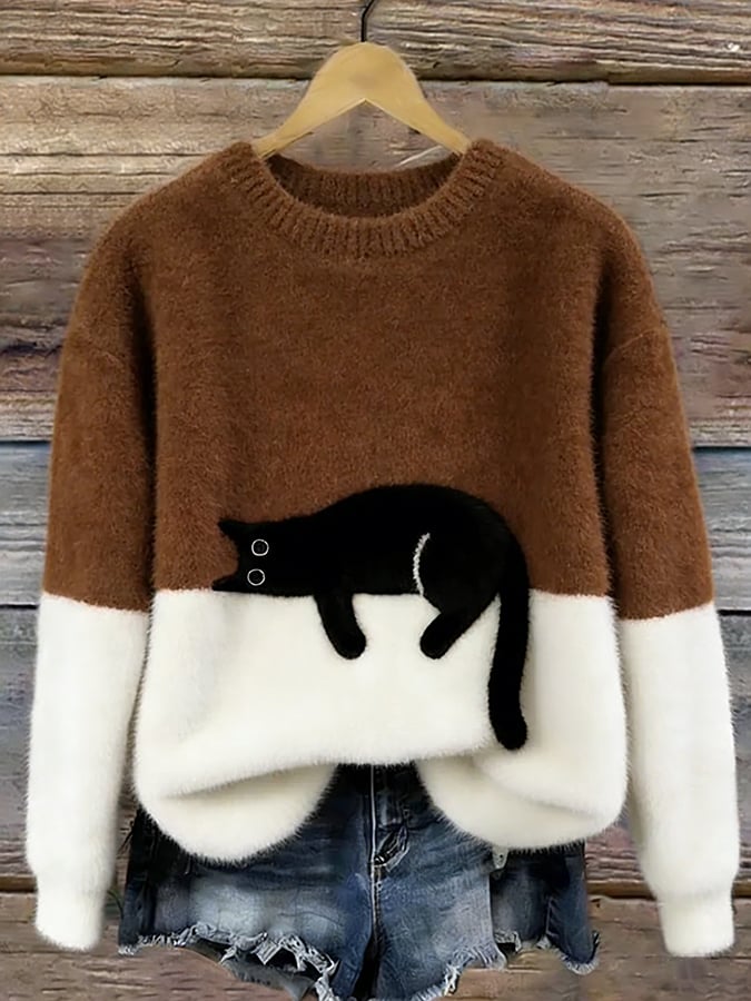 Brown and white colorblock cat graphic sweater