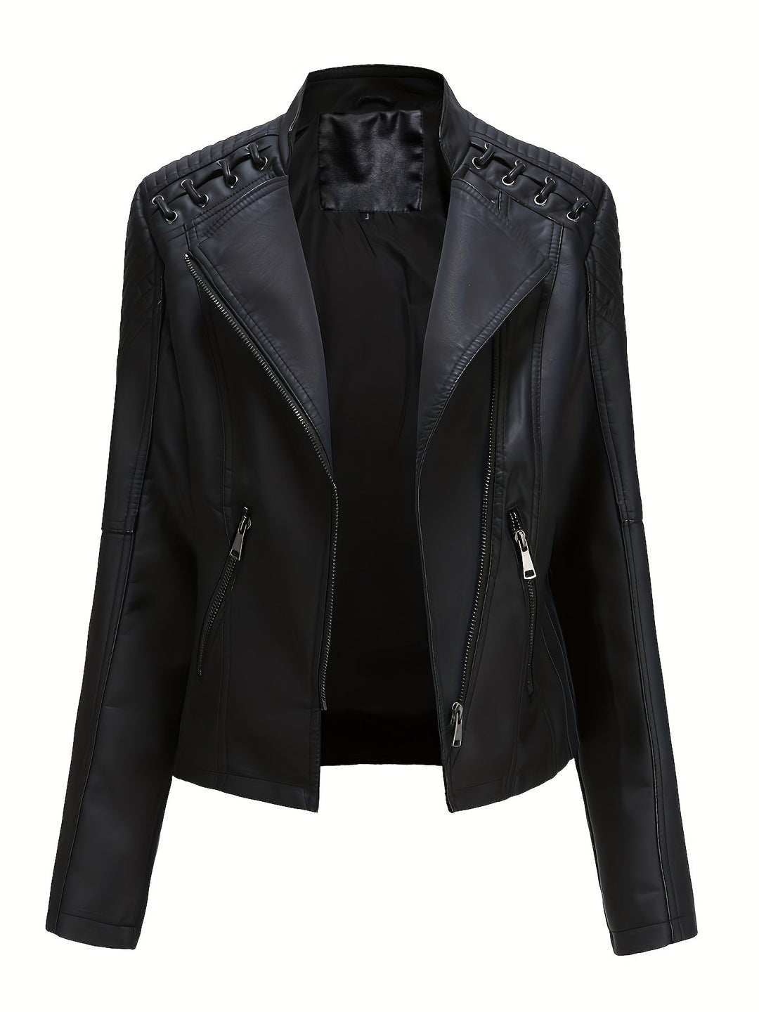Black faux leather moto jacket, front view open
