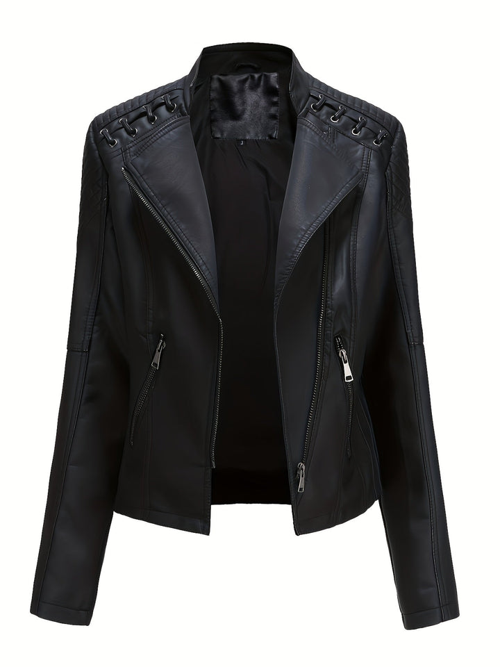 Black faux leather moto jacket, front view open