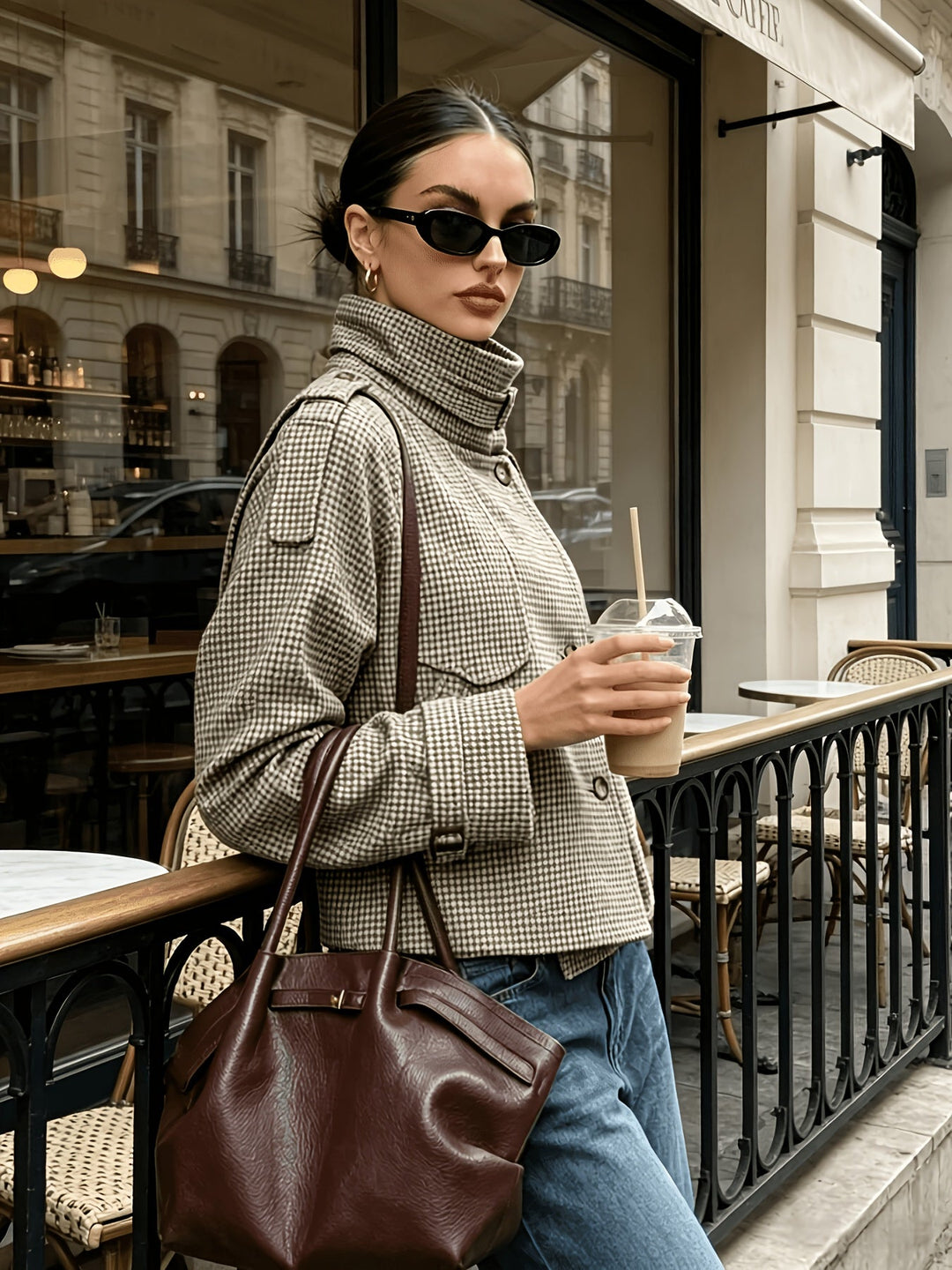 Side view of cropped houndstooth jacket with buckled collar