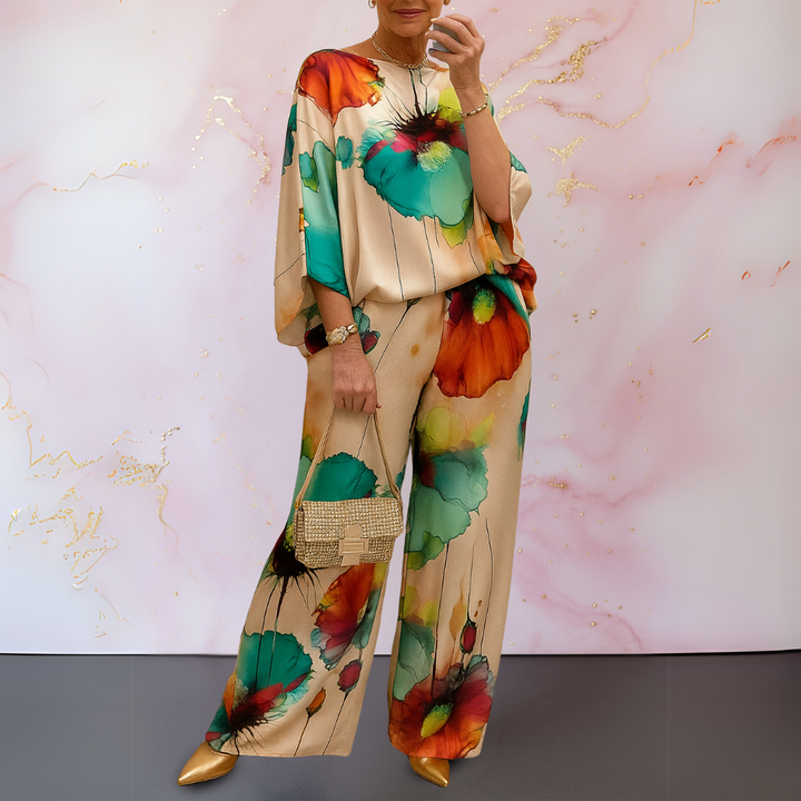 Mandarin cream satin set with teal and orange floral print, oversized top and wide leg pants