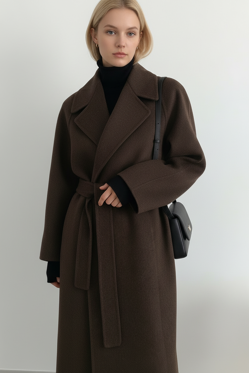 Model wearing brown belted wrap coat with crossbody bag