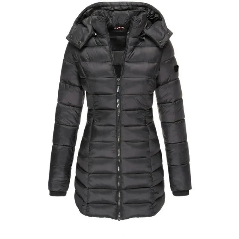 Black quilted mid-length puffer jacket with snap tab hood