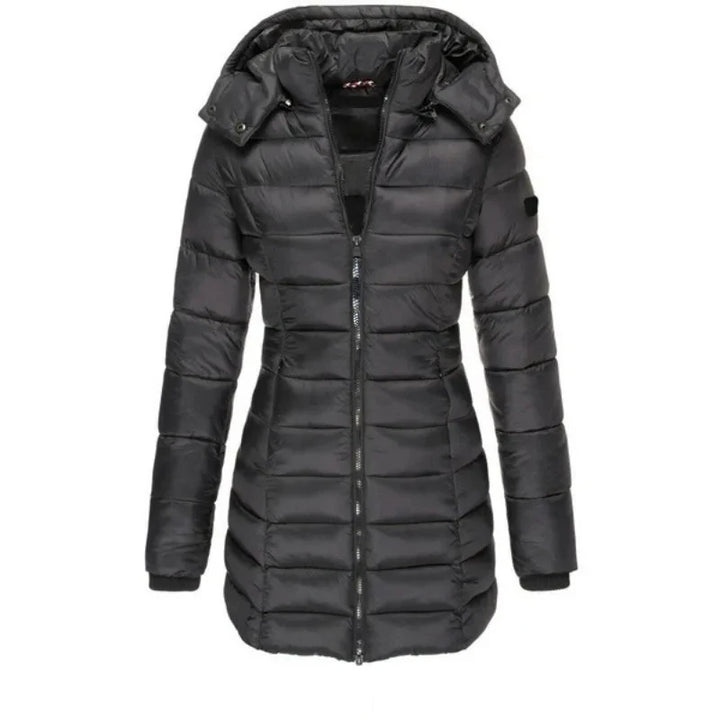 Black quilted mid-length puffer jacket with snap tab hood