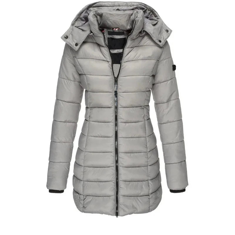 Grey quilted mid-length puffer jacket with hood