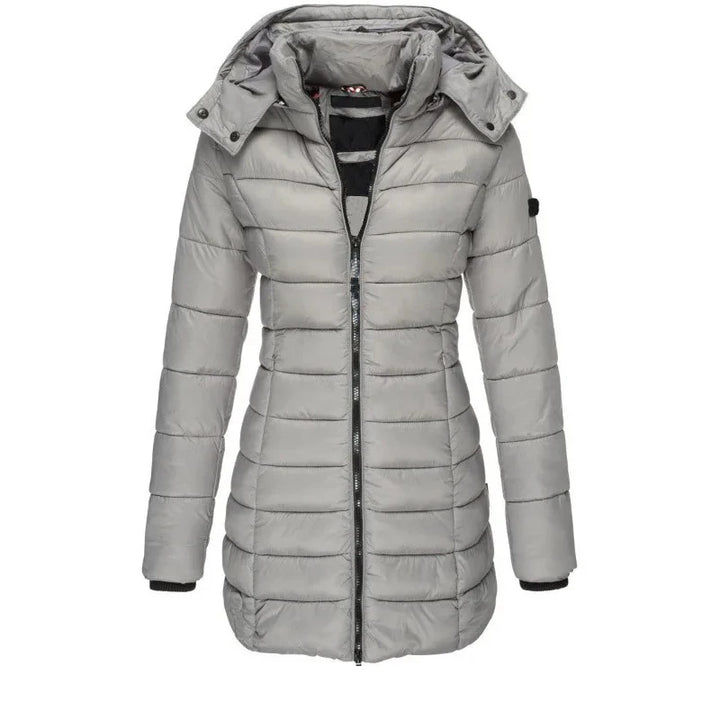 Grey quilted mid-length puffer jacket with hood