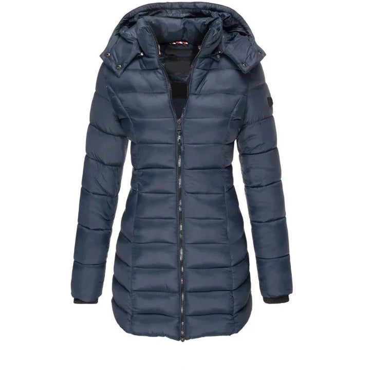 Navy blue quilted mid-length puffer jacket with hood