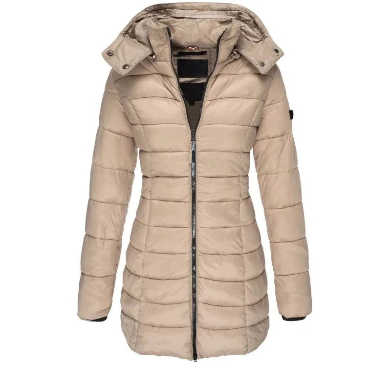 Khaki quilted mid-length puffer jacket with hood