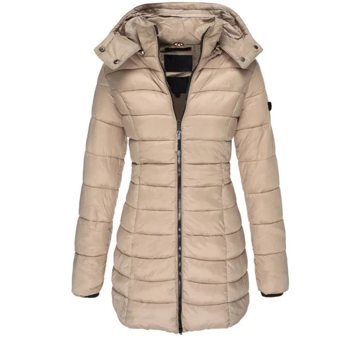 Khaki quilted mid-length puffer jacket with hood
