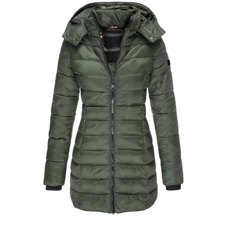 Army green quilted mid-length puffer jacket with hood