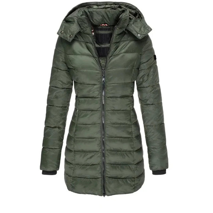 Army green quilted mid-length puffer jacket with hood