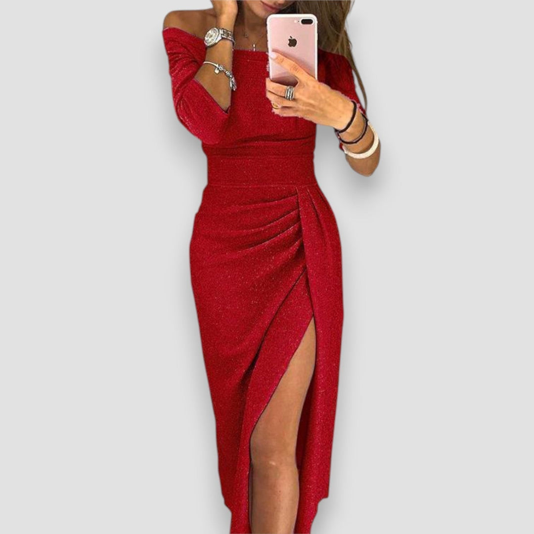 Close view of red off-shoulder midi dress with smocked waist