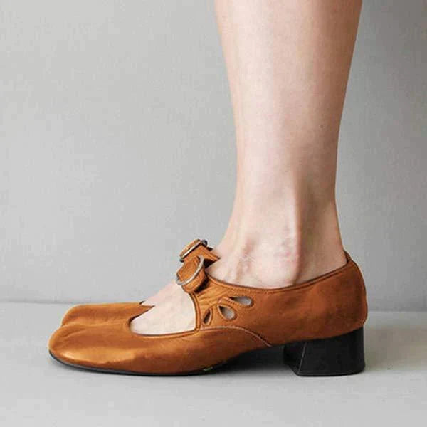 Khaki leather Mary Jane flat side view showing buckle and cutout