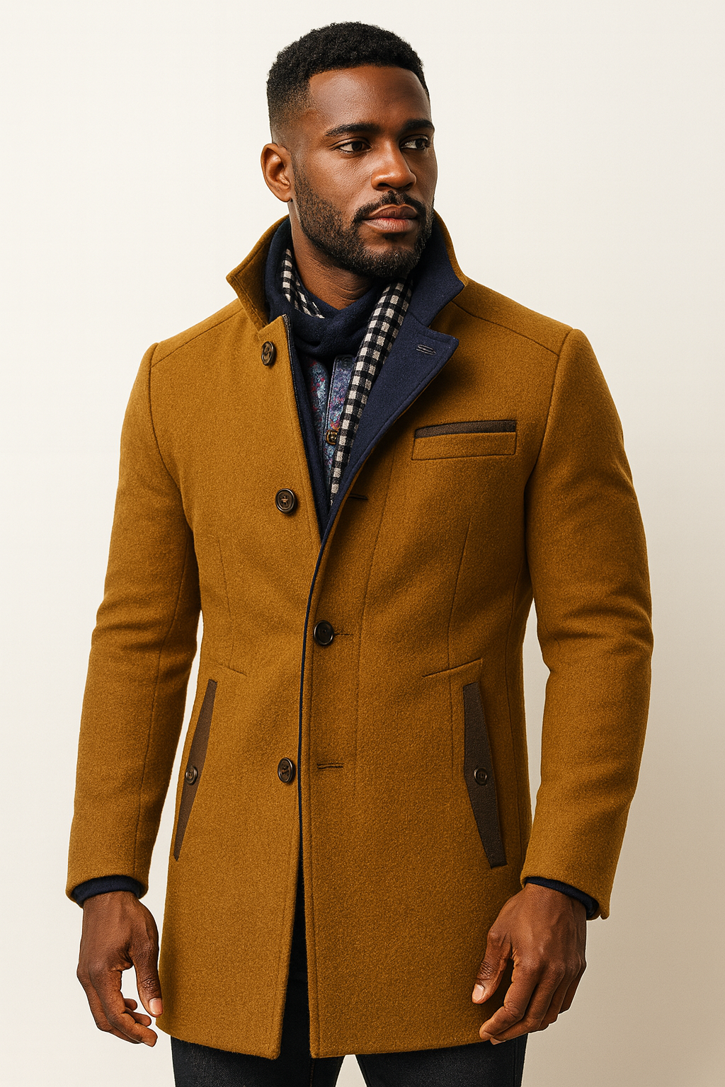 Man wearing brown wool blend overcoat with contrast collar