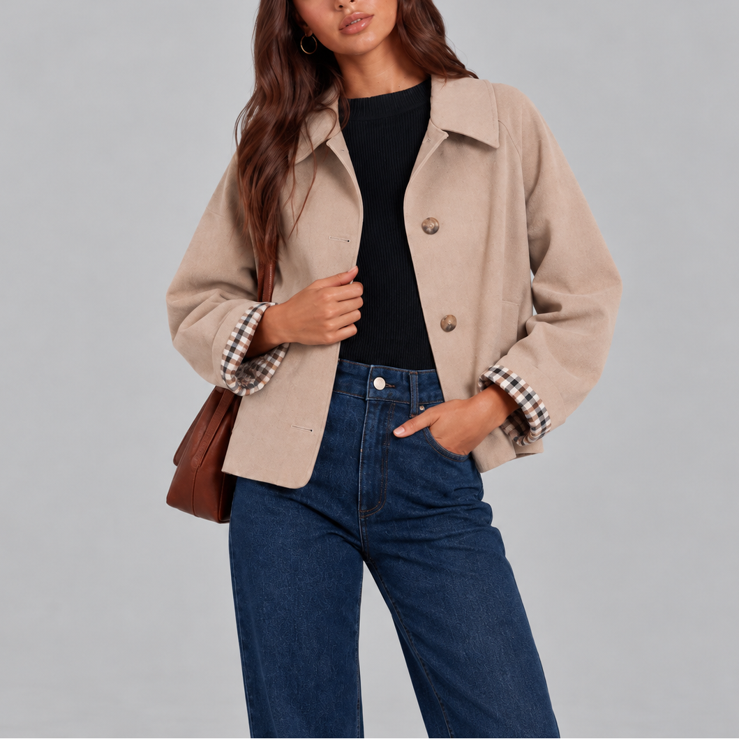 Beige cropped trench jacket close up front view with buttons