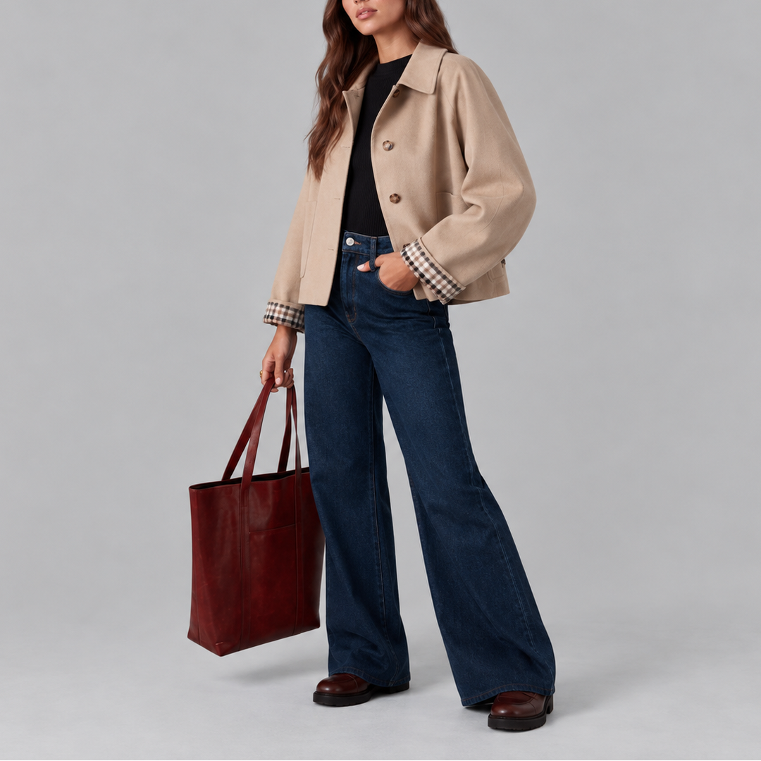 Beige cropped trench jacket side profile with plaid cuffs