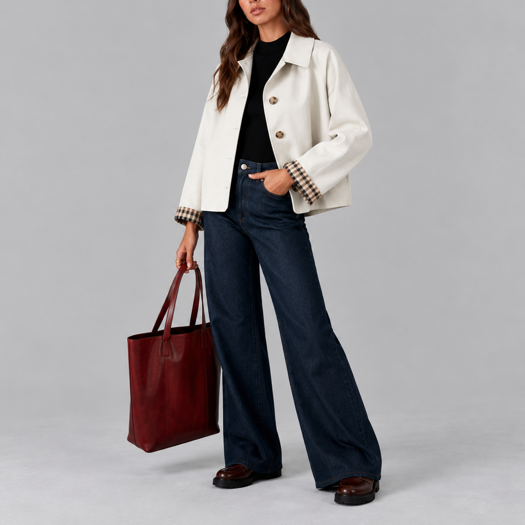 Woman wearing white cropped trench jacket with plaid cuffs, front view