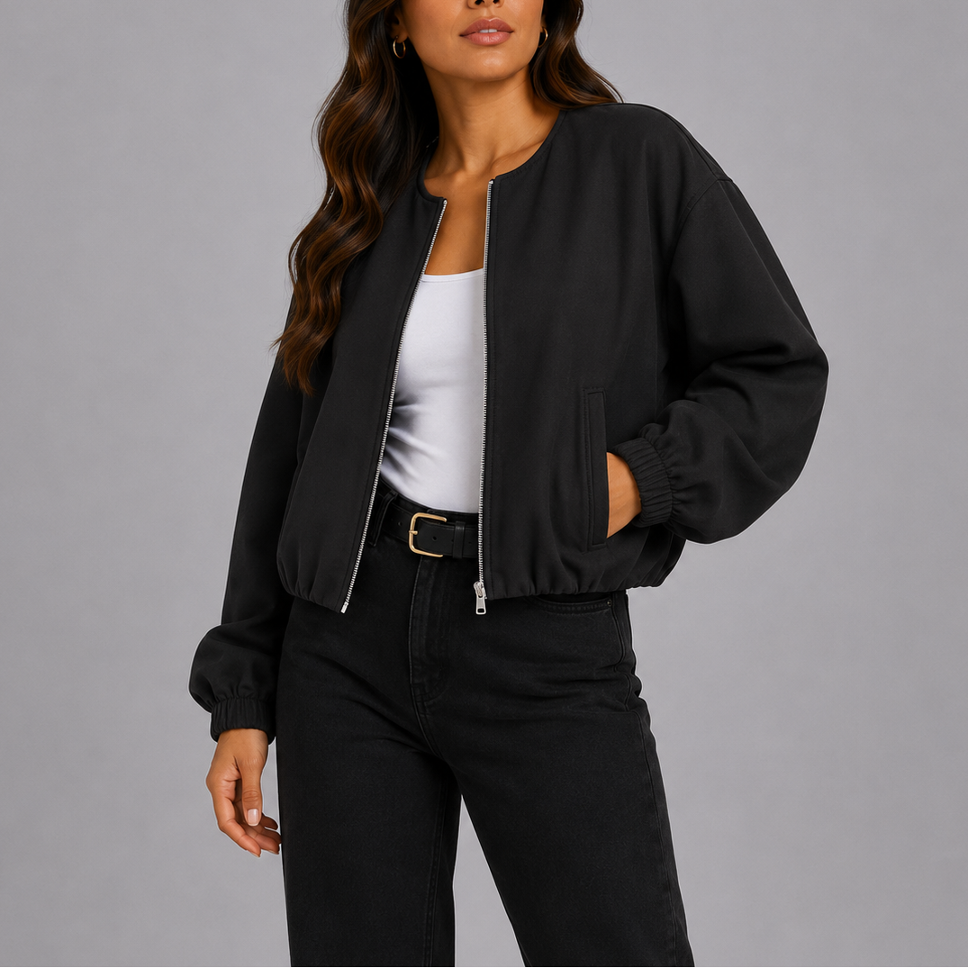 Black bomber jacket with elasticated cuffs and hem