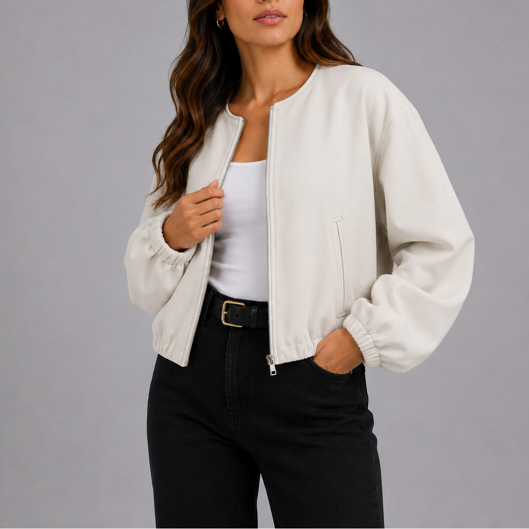 White bomber jacket with slim side pocket and round neckline