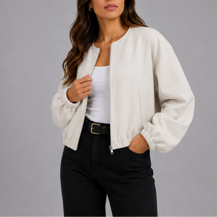 White bomber jacket with slim side pocket and round neckline