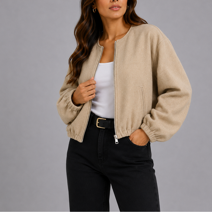 Beige bomber jacket with full zip front and dropped shoulder
