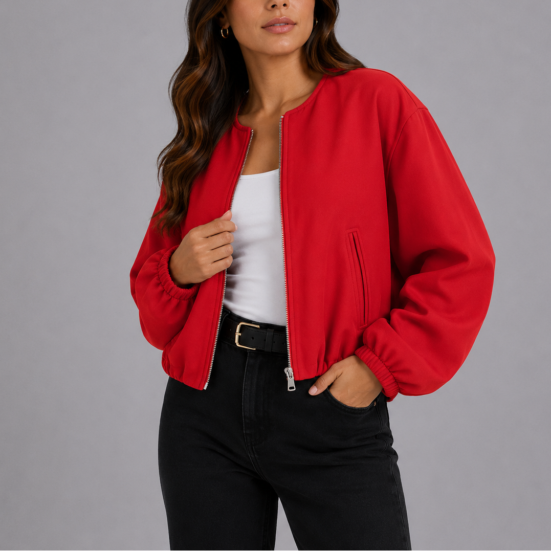Red bomber jacket with elasticated cuffs and round neckline