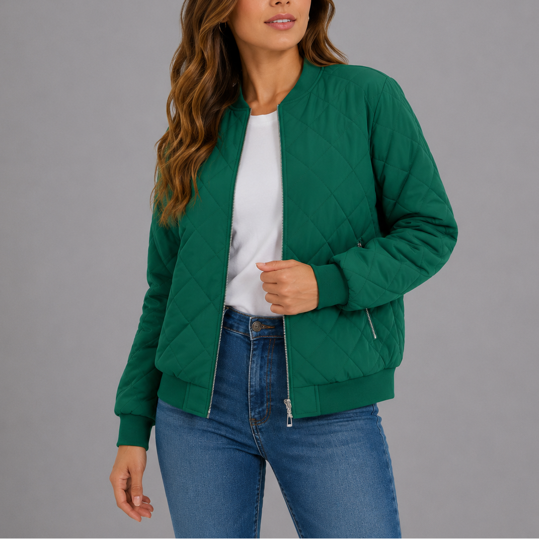 Woman wearing green quilted bomber jacket with ribbed cuffs