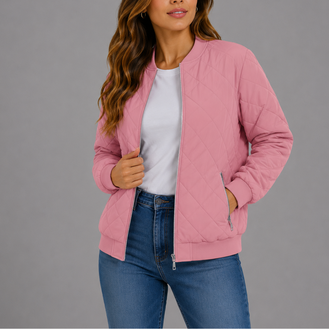 Woman wearing pink quilted bomber jacket