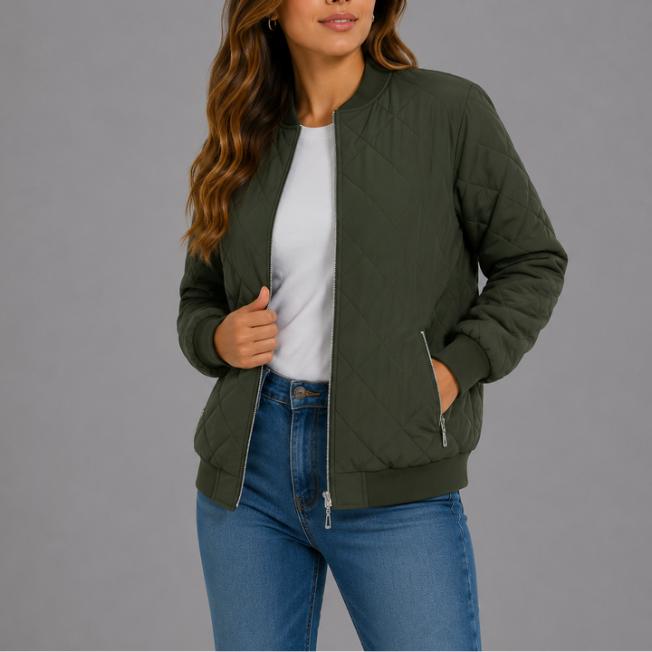 Woman wearing olive green quilted bomber jacket