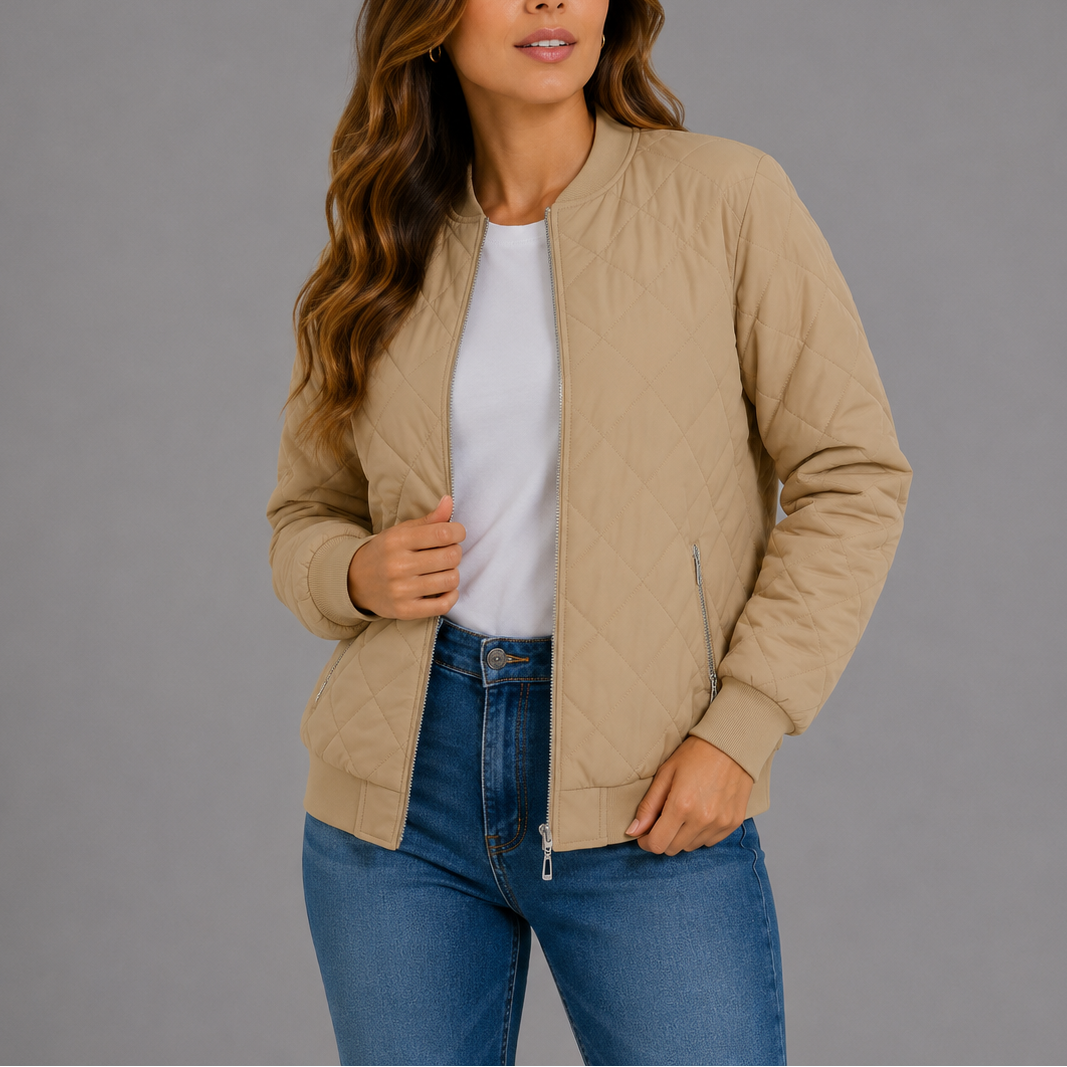Woman wearing beige quilted bomber jacket