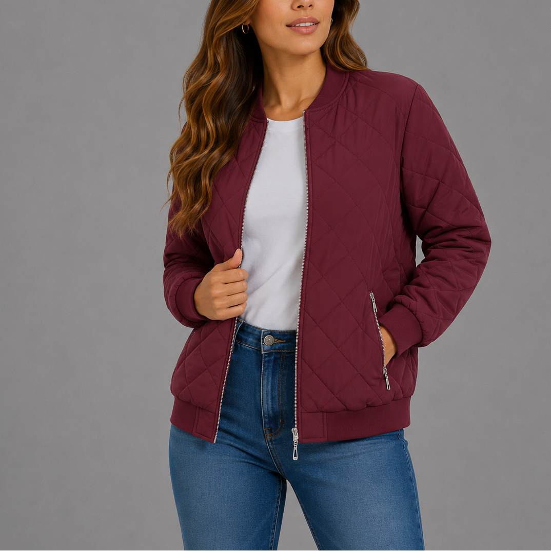 Woman wearing burgundy quilted bomber jacket unzipped