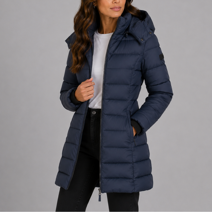Navy puffer jacket, three-quarter front view with hood detail