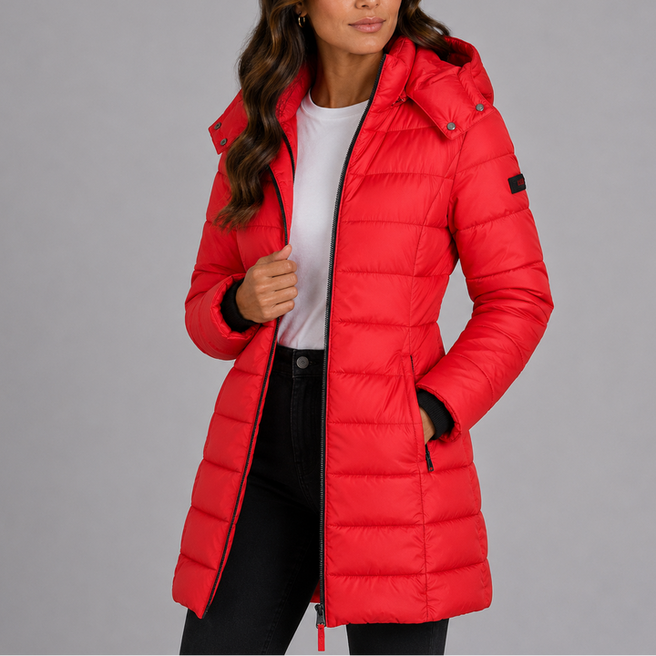 Woman wearing red hooded puffer jacket, front view