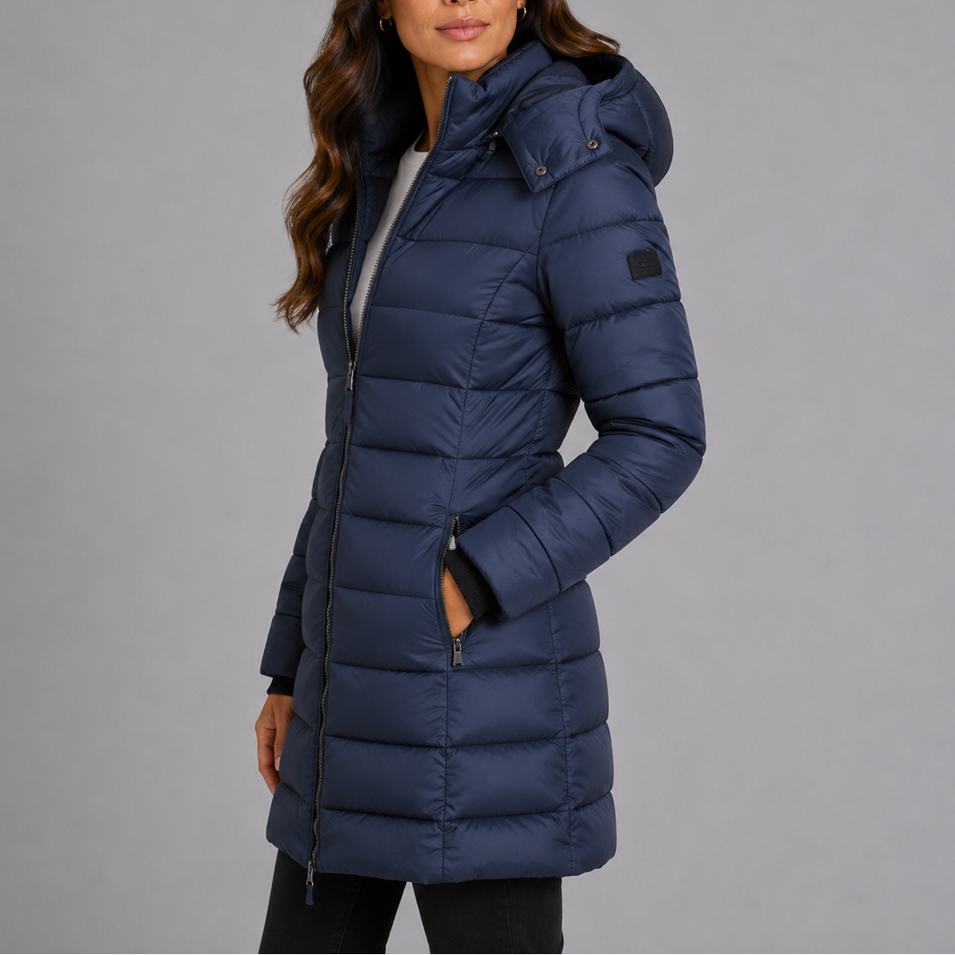 Navy hooded puffer jacket, side angle with hand in pocket