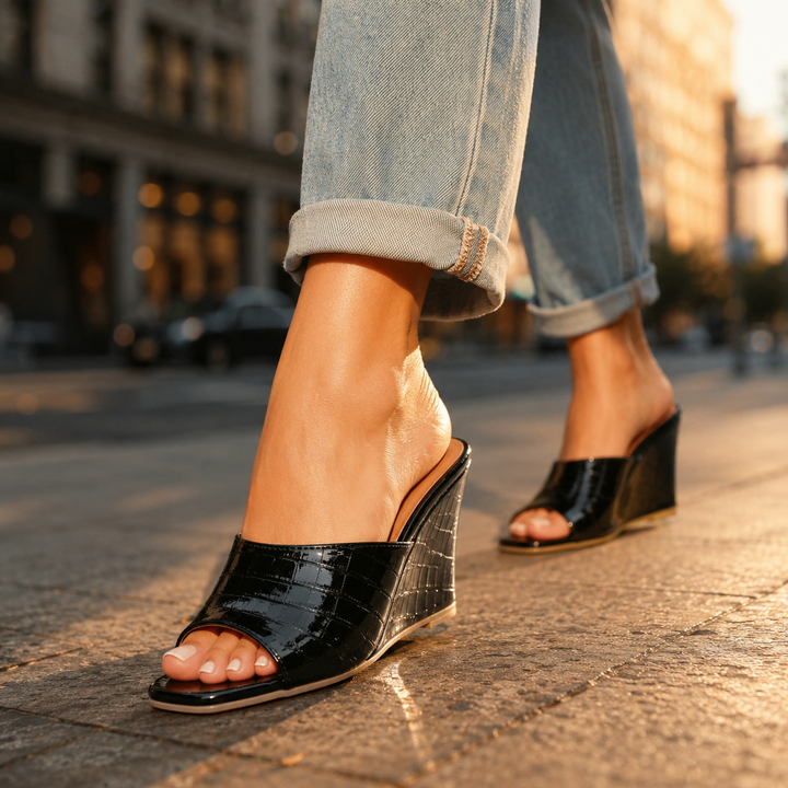 Sarah Leather Embossed Wedge Sandals