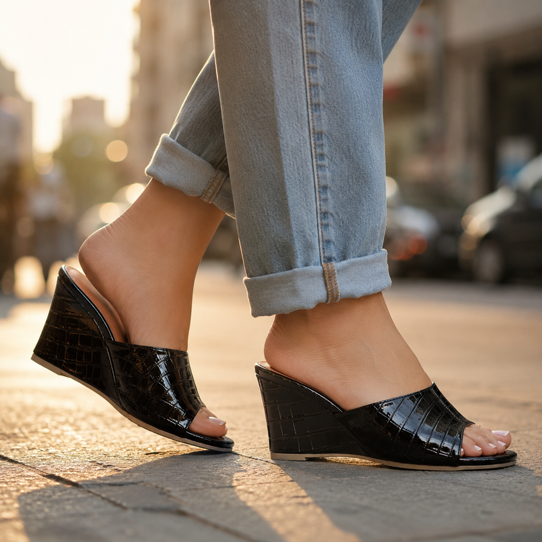 Sarah Leather Embossed Wedge Sandals