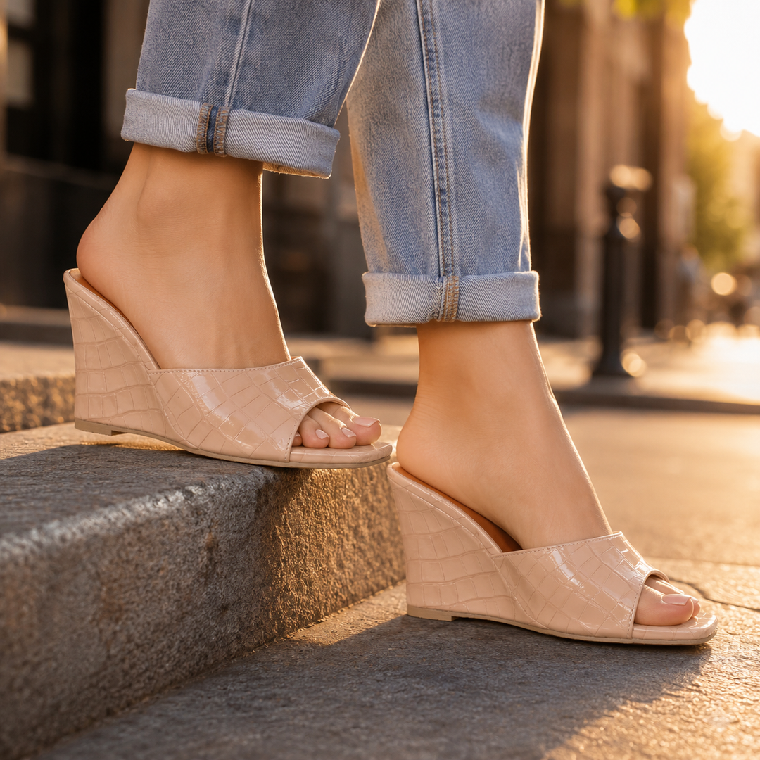 Sarah Leather Embossed Wedge Sandals