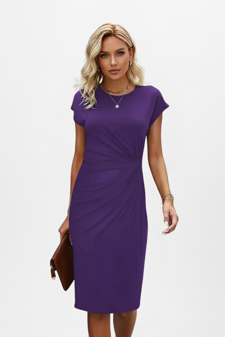 Valentina Knee-Length Dress with Round Neck and Ruched Waist
